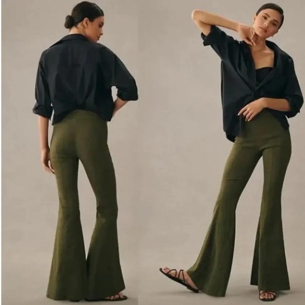 Maeve Anthropologie Olive Green High Rise Trumpet Flare Pants Size 8